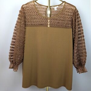 Cato Women 18/20W Blouse Brown Swiss Dot Mesh Ruffle Long Sleeve Keyhole Top